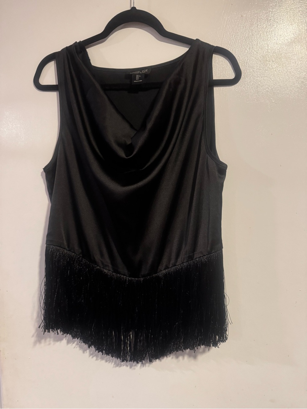 Rachel Zoe Black Sleeveless Cowl Neck Fringe Hem Top
